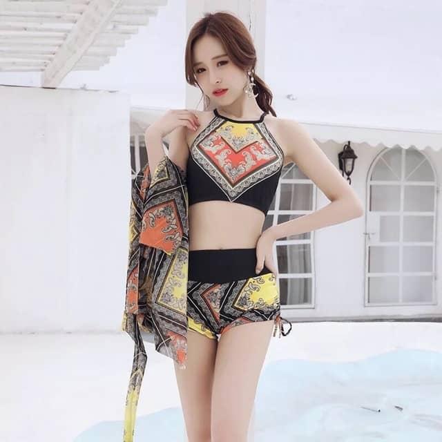 Bộ Đồ Bơi Bikini Áo Tắm Thổ Cẩm Kèm Khăn Đi Biển Hàng Nhập
