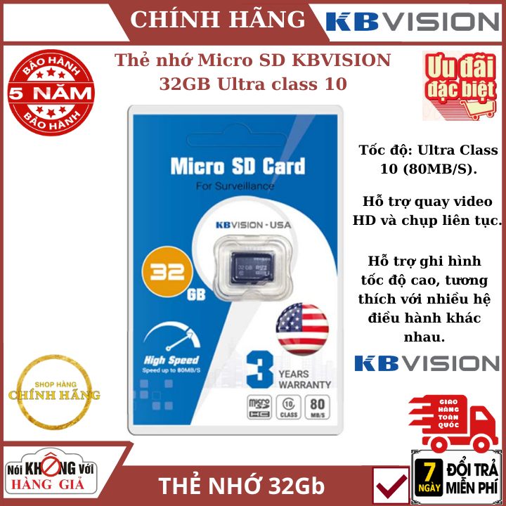 Thẻ nhớ Micro SD KBVISION 32GB Ultra class 10 , bảo hành chính hãng