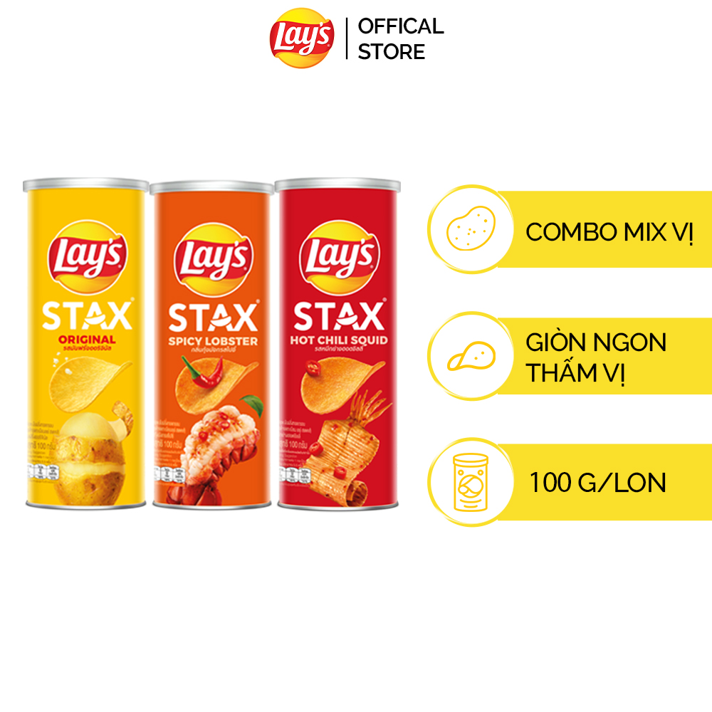 [DUY NHẤT 0H 15.4-17.4] Combo 3 bánh Snack Lay's Stax 100gr (Tự nhiên, Mực sốt cay, Tôm hùm nướng ngũ vị)