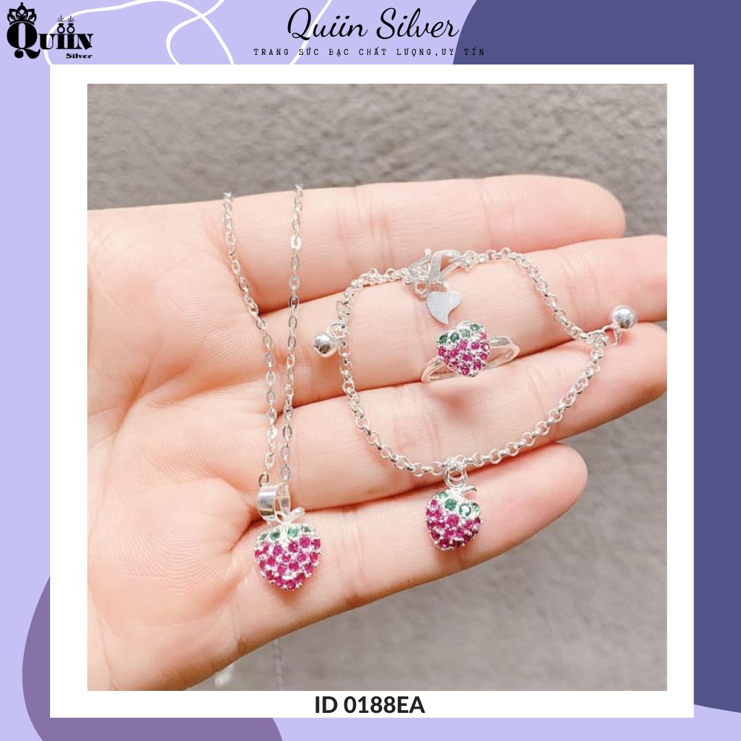 Bộ trang sức bạc ta, bạc S925 Quiin - Vòng cổ vòng tay nhẫn hình quả dâu tây dành cho bé gái 0188EA