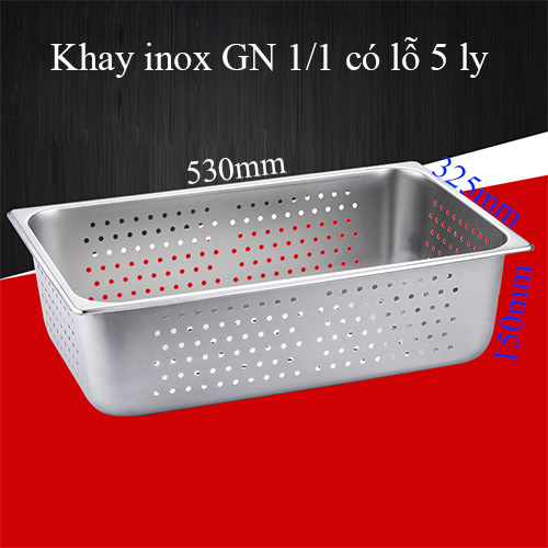 (inox dày) Khay inox buffet có đục lỗ GN 1/1 cao 150mm