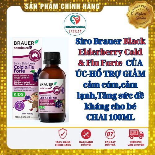 Siro brauer black elderberry cold & flu forte của úc-hổ trợ giảm cảm cúm,cảm lạnh,tăng sức đề kháng cho bé chai 100ml