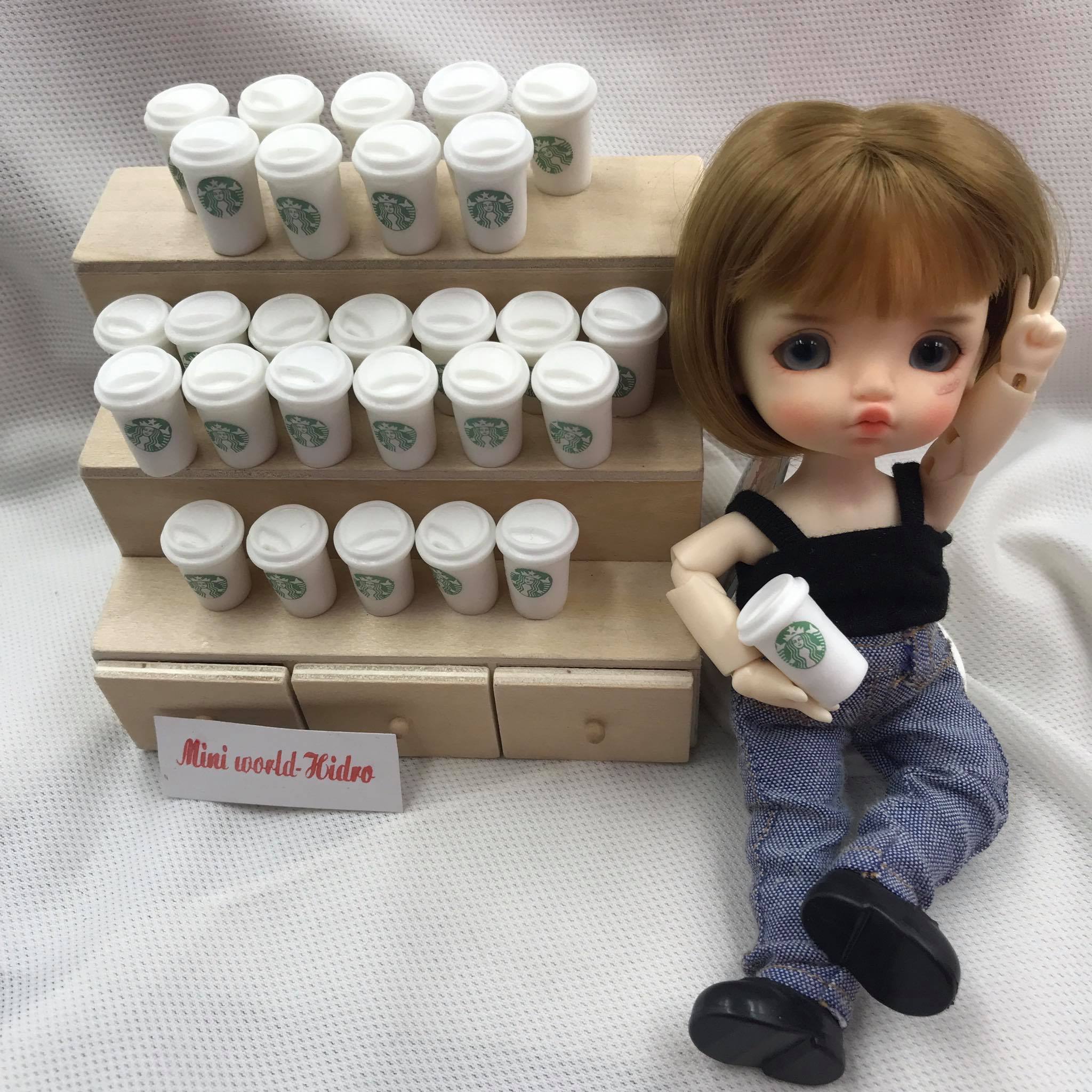 combo 2pcs mô hình ly cafe take a way Starbuck mini tí hon dùng cho trang trí nhà búp bê Barbie, BJD tỉ lệ 1/12, 1/8