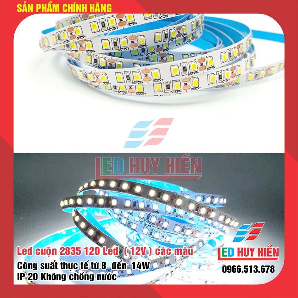 Led cuộn 2835 120 led/m màu trắng sáng, vàng nhạt ; Led dây 2835 120 led chân đồng chất lượng, điện áp 12V chuyên dùng biển quảng cáo chữ hộp, tranh điện, gương cảm ứng
