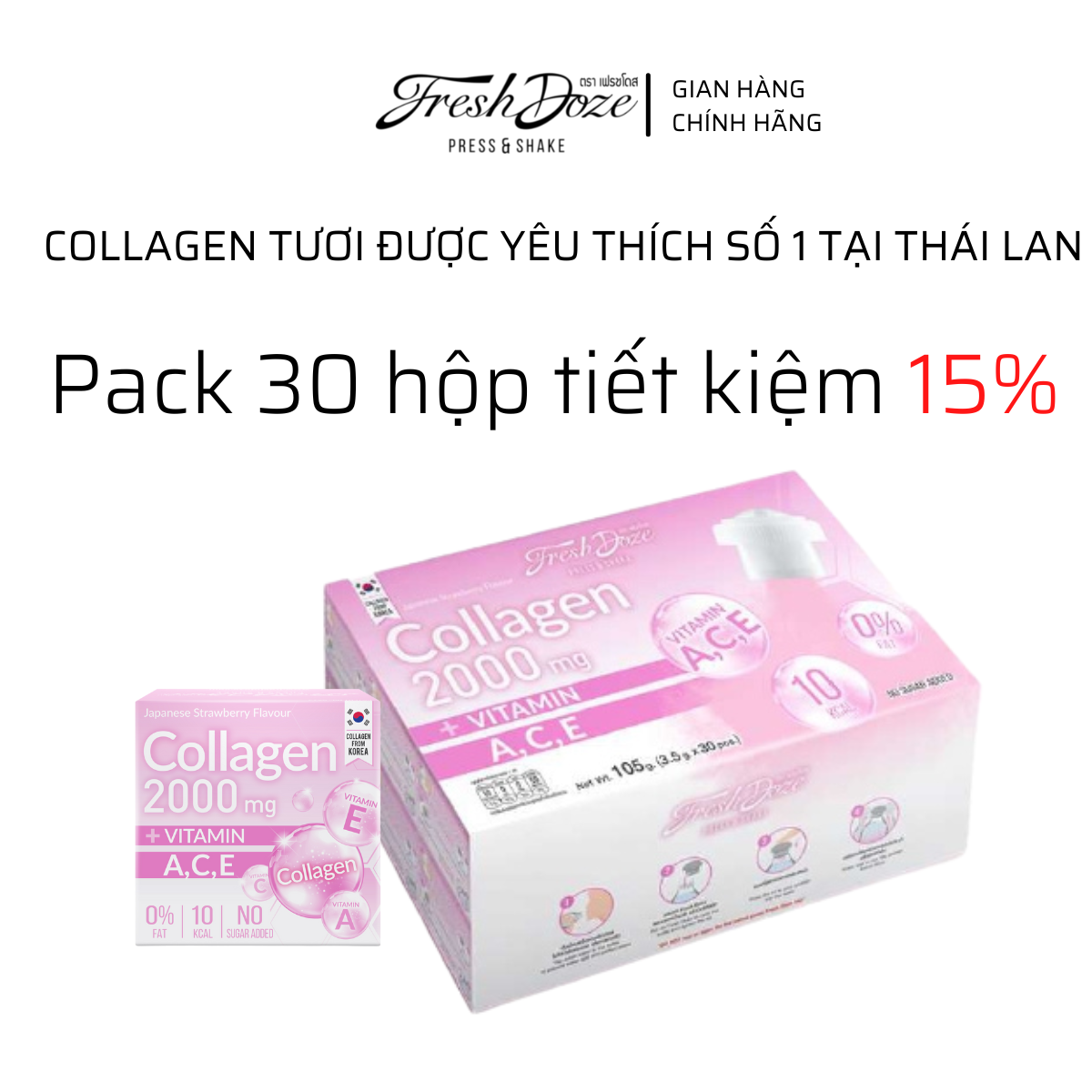 Pack 30 hộp Collagen FreshDoze Vitamin A,C,E hương dâu nhật