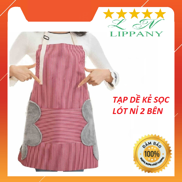 Tạp dề kẻ sọc cao cấp có túi để điện thoại - tạp dề hoa chống nước, chống dầu cho bà nội trợ