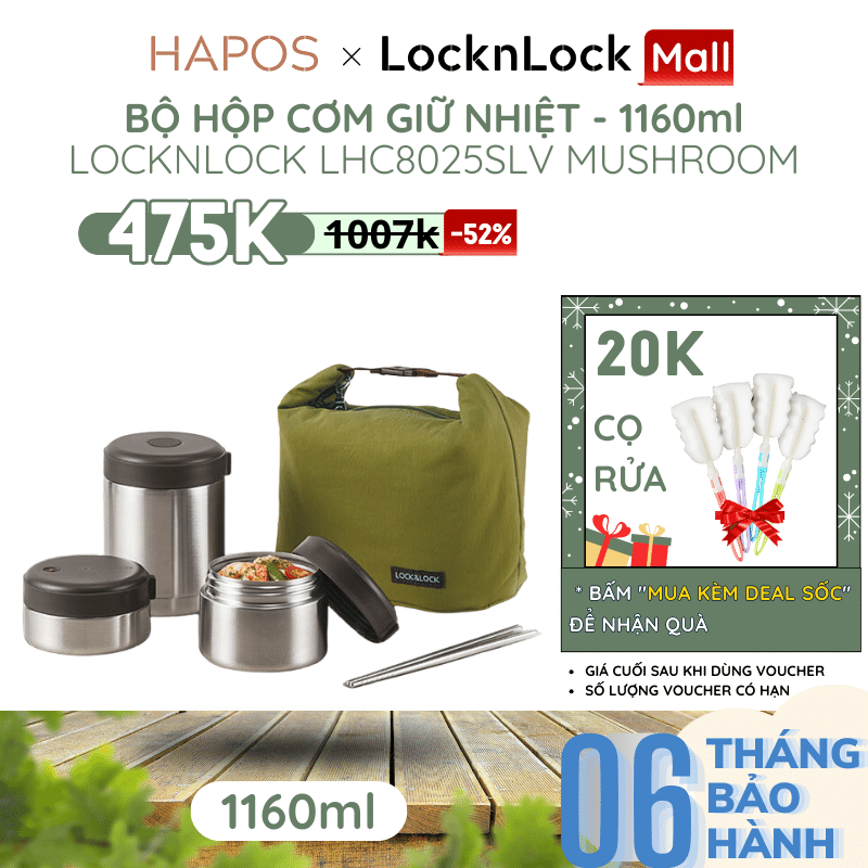 Bộ hộp cơm giữ nhiệt locknlock 3 ngăn mushroom lhc8025slv có túi vầ đũa chất liệu inox304 - hapos official