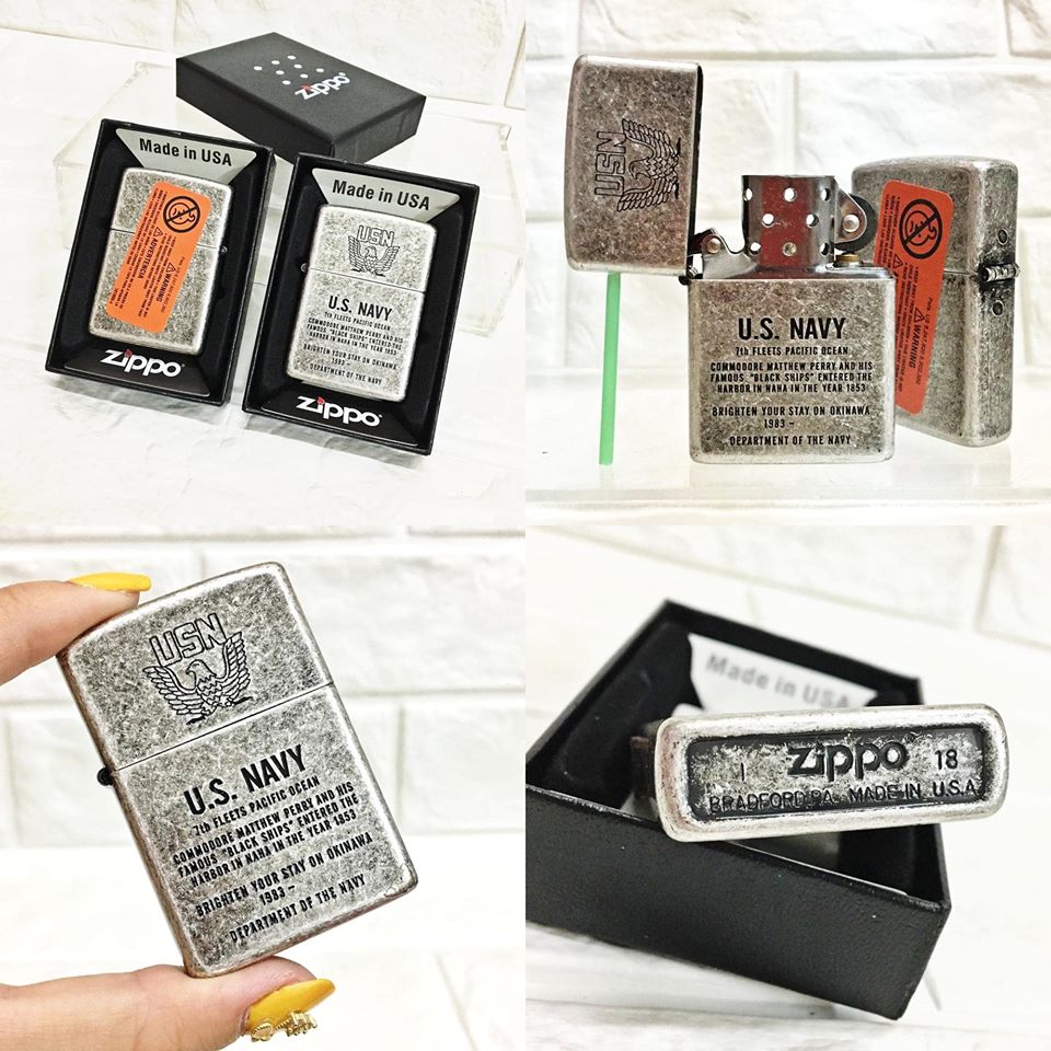 Bật lửa zippo mỹ bạc cổ nguyên hộp khắc logo u.s. hải quân mỹ -