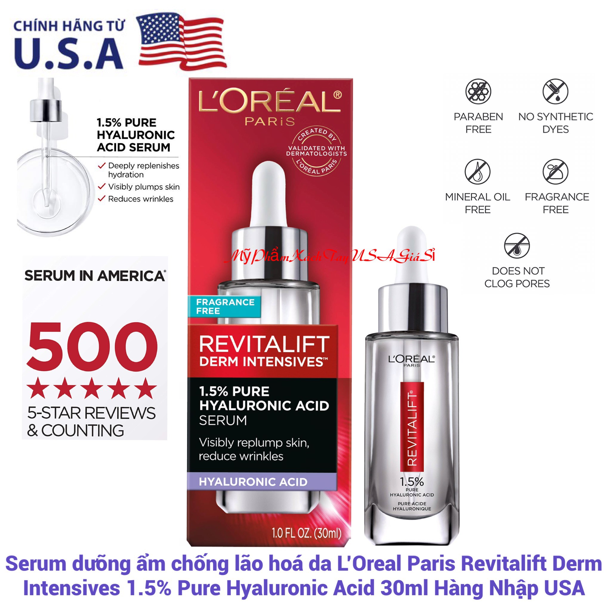 Serum dưỡng ẩm chống lão hoá da L’Oreal Paris Revitalift Derm Intensives 1.5% Pure Hyaluronic Acid30ml Hàng Mỹ