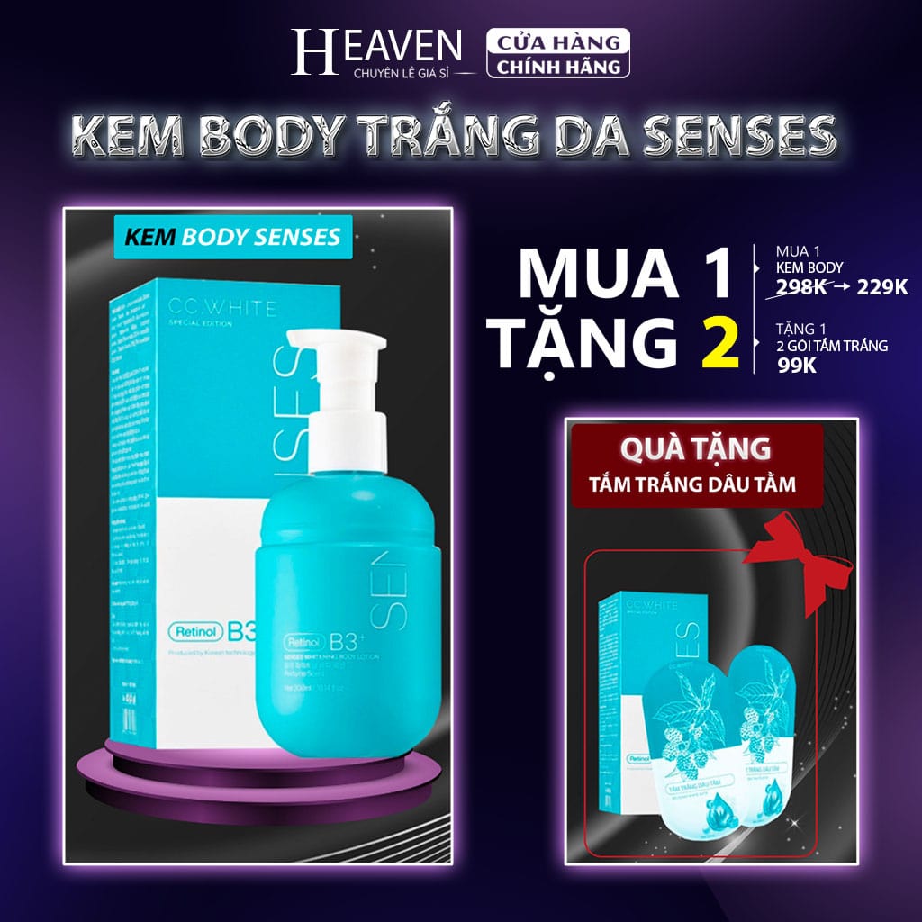 Kem body trắng da SENSES WHITE, kem body dưỡng trắng da dưỡng ẩm da mờ thâm sạm mua 1 tặng 2 gói tắm trắng