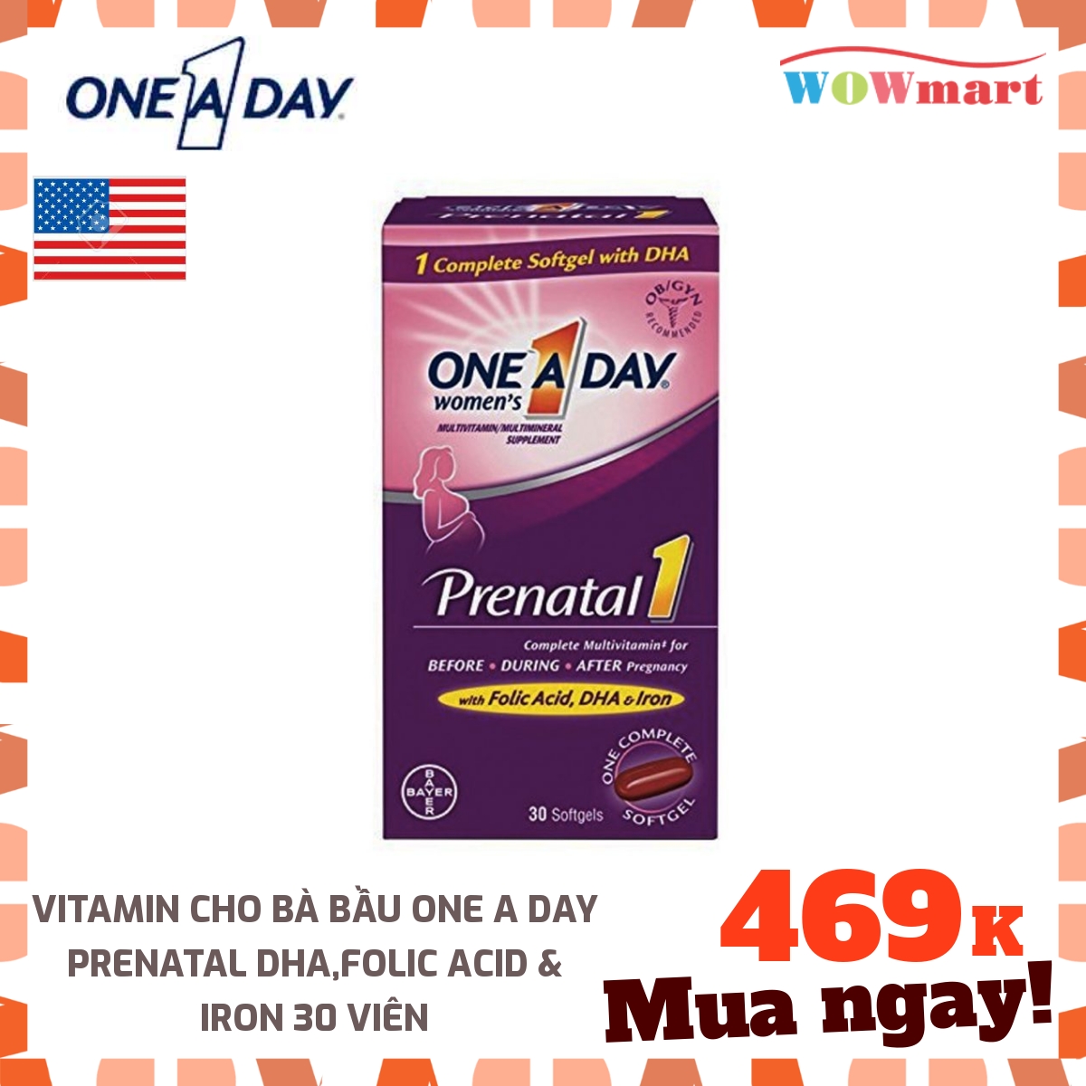 Vitamin cho bà bầu One A Day Prenatal DHA,Folic Acid & Iron 30 viên - [MỸ]