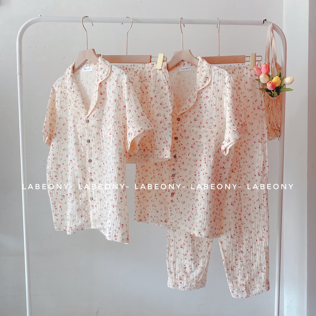 Floral muslin pyjama bộ mặc nhà nữ đồ ngủ labeony