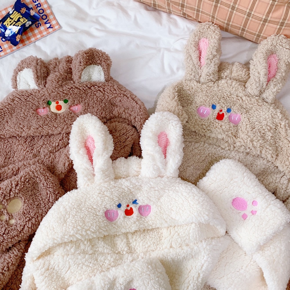 Mũ lông cừu tai gấu tai thỏ kèm khăn quàng cổ và găng tay phong cách ulzzang Hàn Quốc đáng yêu siêu ấm mùa đông dành cho cả nam và nữ