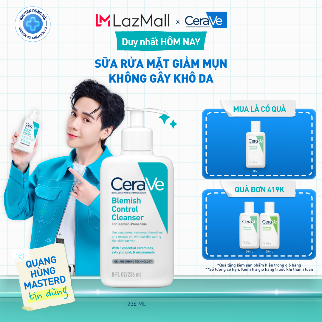 Sữa rửa mặt giảm mụn không gây khô da, không gây tổn hại bảo vệ hàng rào da - CeraVe Blemish Control Cleanser 236ml