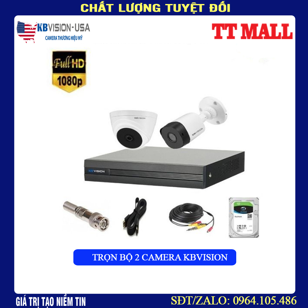 {KHUYẾN MÃI} Trọn Bộ 2 Mắt Camera 2.0M Full HD KBVISION +HDD tùy chọn+ tặng mỗi camera 20m dây bấm sẵn 2 đầu