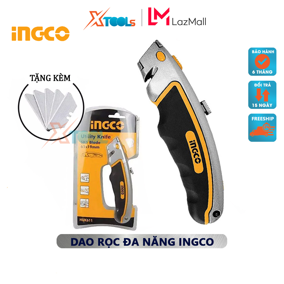 Dao rọc đa năng INGCO HUK611 tặng kèm 5 lưỡi SK5, dao cắt giấy kích thước lưỡi 61x19mm sử dụng chất liệu cao cấp, siêu bền và chất lượng cao, lưỡi dao sắc bén thân lưỡi bằng hợp kim kẽm, tiện lợi dễ sử dụng -