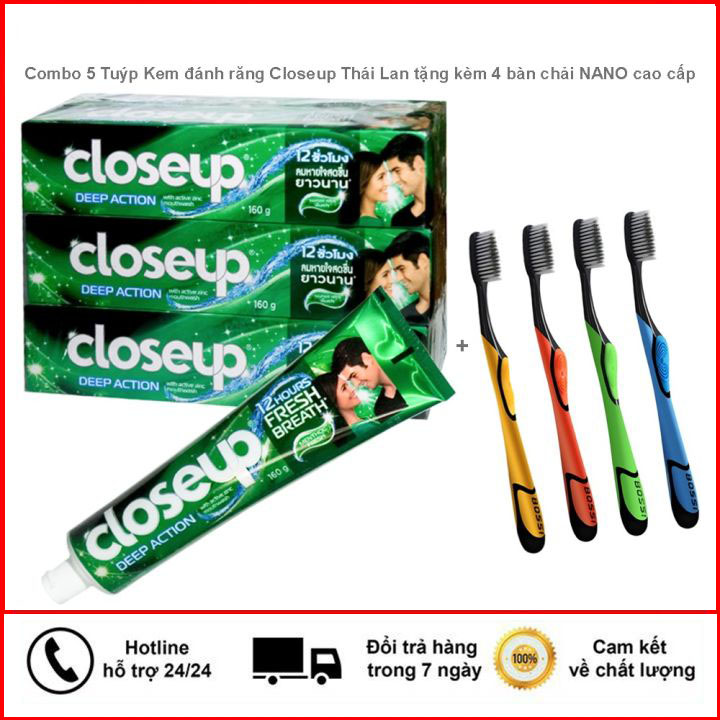 [HN] COMBO 4 TUÝP KEM ĐÁNH RĂNG CLOSEUP THÁI LAN 160Gr(Tặng Kèm 4 Bàn Chải Than Hoạt Tính)