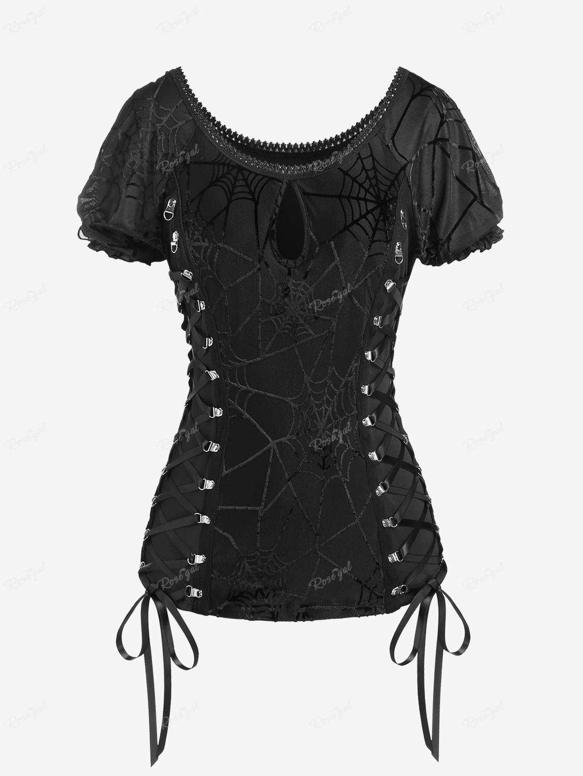 Rosegal Cộng Với Kích Thước Gothic Spider Web In Ren up T-Shirt Màu Đen Vòng Cổ Ngắn Tay Áo Áo Tops Đối Với Phụ Nữ