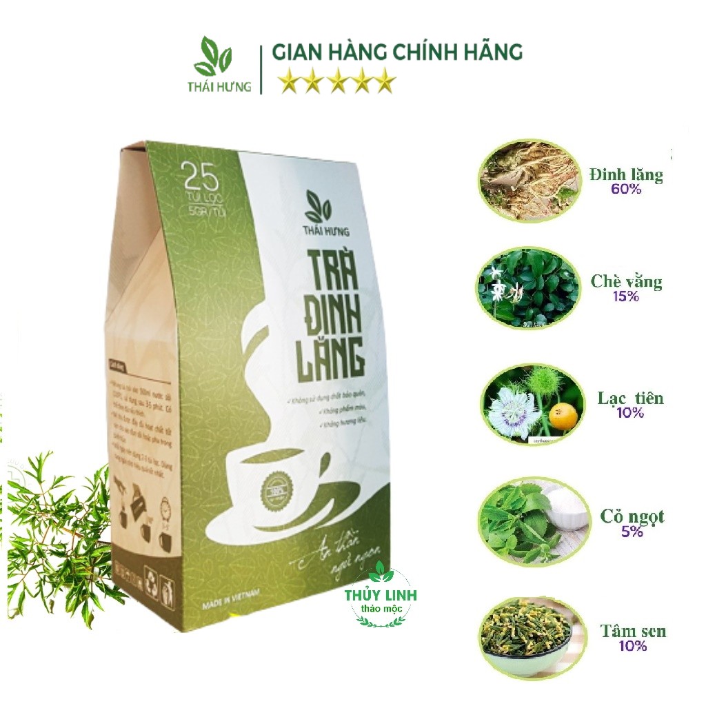 Combo 08-10 hộp Trà Đinh lăng Thái Hưng (25 túi lọc x 5g) An thần, ngủ ngon, giảm stress, lợi sữa
