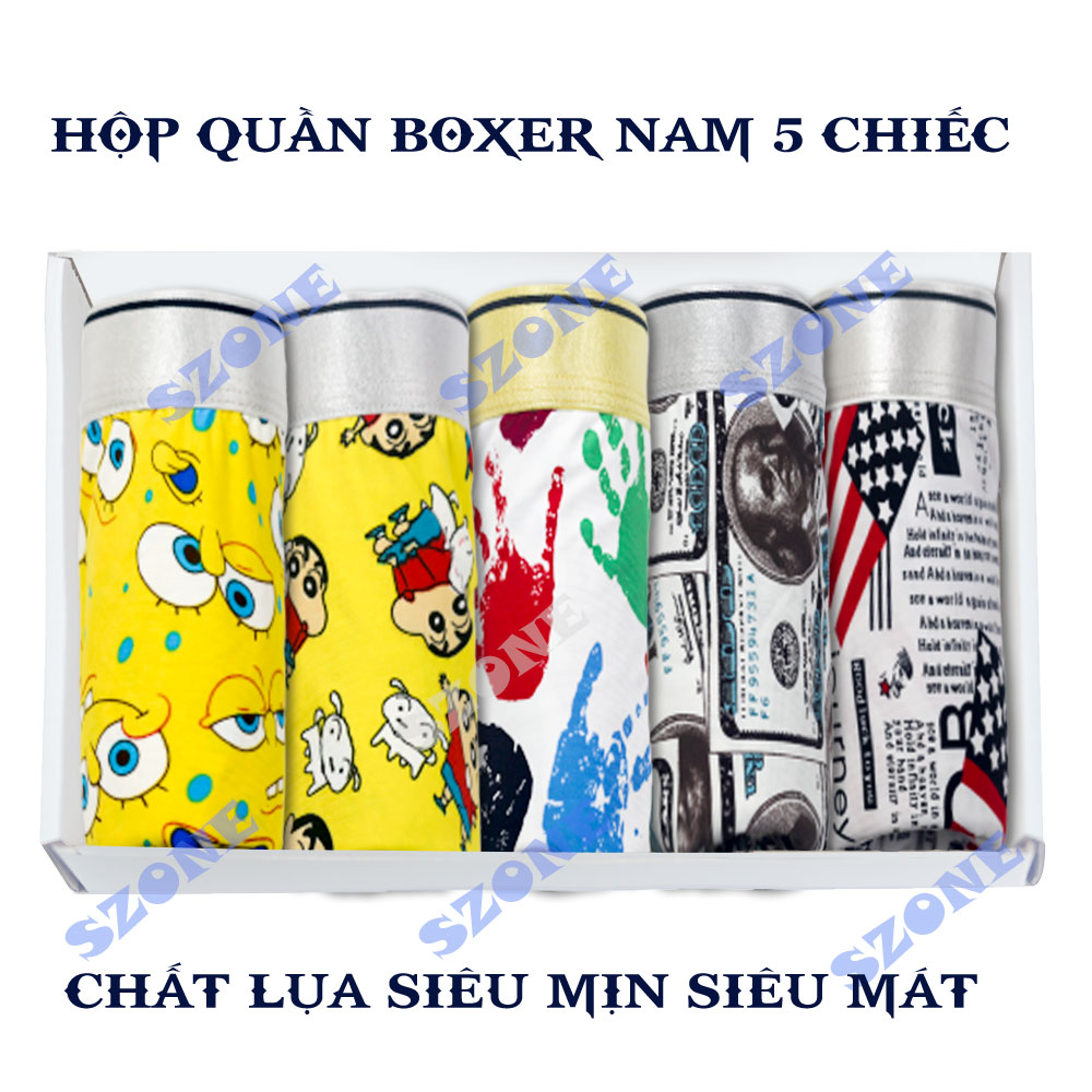 Combo 5 Quần sịp đùi nam, Bộ 5 Quần lót nam Boxer họa tiết siêu phong cách, bộ 5 quần sịp đùi họa tiết