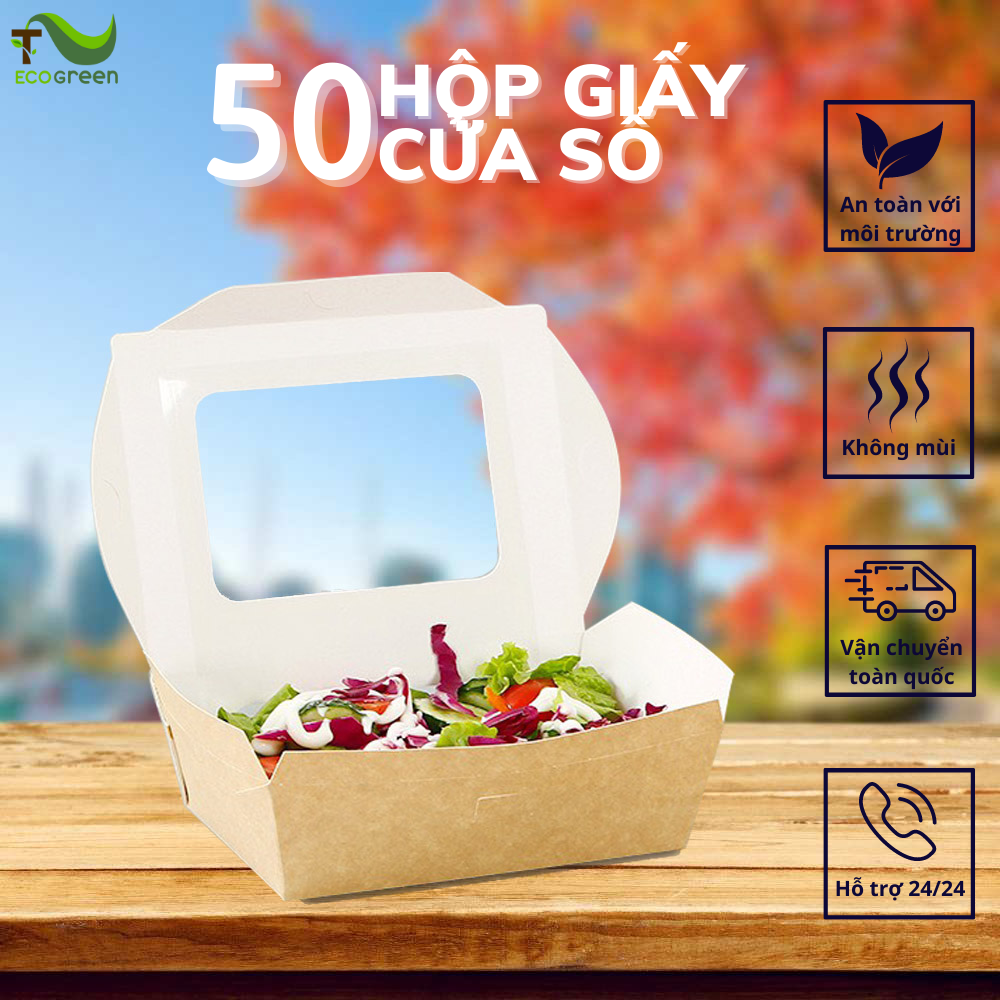 Combo 50 Hộp Chữ Nhât Giấy Kraft Nắp Gập Có Mặt Kính Trong Đựng Salad, thức ăn các loại - T2Ecogreen