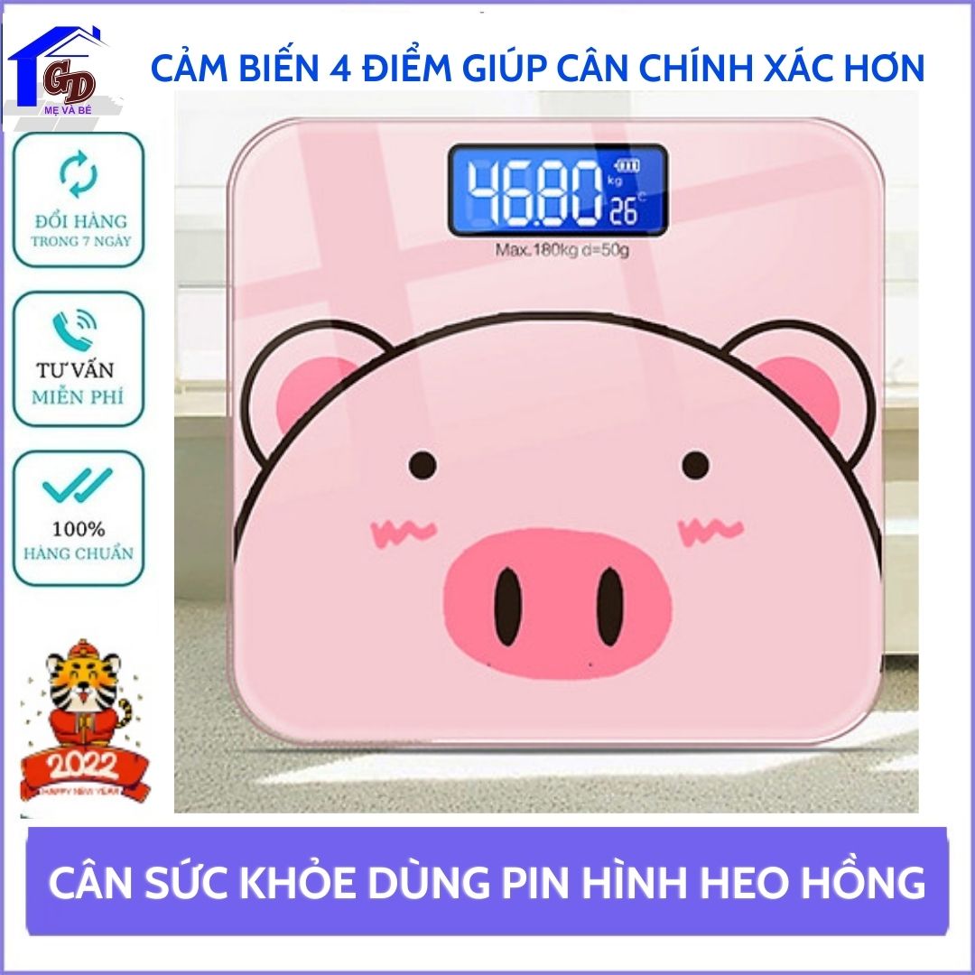 Cân Điện Tử, Cân Sức Khỏe Hình Heo Hồng Sạc Pin Xinh Xắn, Trọng Lượng Tối Đa 200Kg, Bảo Hành 12 Tháng