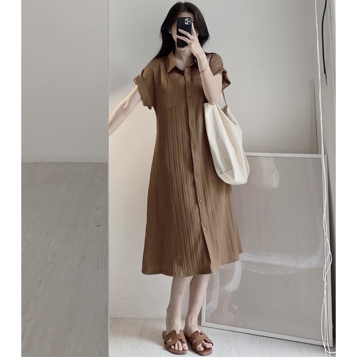 Váy suông cổ polo cộc tay đũi gân dáng xòe, đầm suông cổ sơ mi chất đũi gân ba màu mềm mát