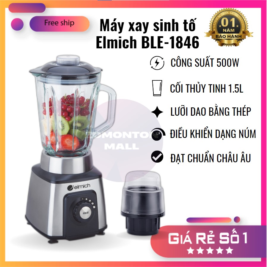 Máy xay sinh tố elmich ble-1846 cối thủy tinh chịu lực, chịu nhiệt, lưỡi dao bằng thép không gỉ, công suất lớn, điều khiển dạng núm dễ sử dụng, tháo rời, vệ sinh, bh 1 năm, 1 đổi 1