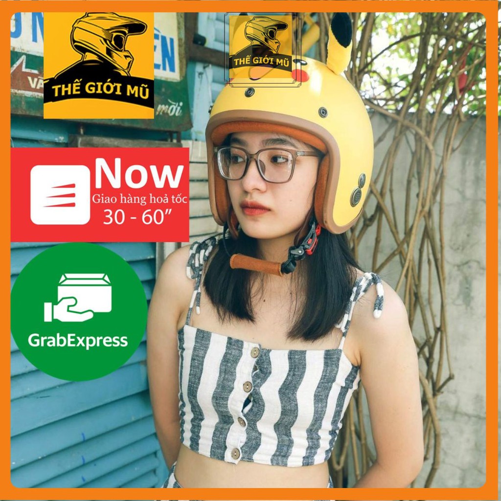 Mũ bảo hiểm 3/4 đầu Pikachu màu vàng có tai dành cho nam nữ, free size