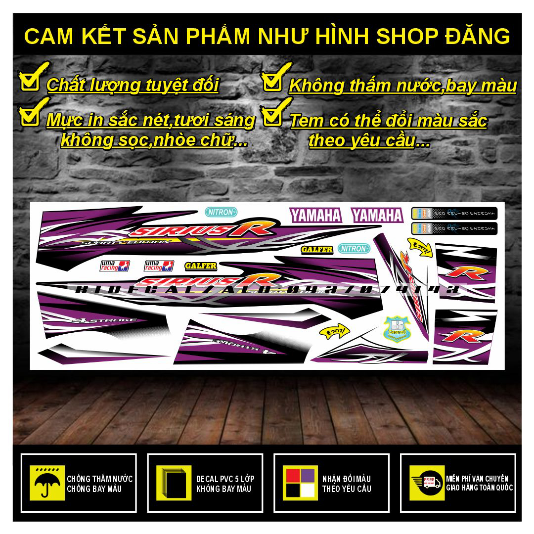 Tem rời sirius r tím đen decal chống nước ko bay màu