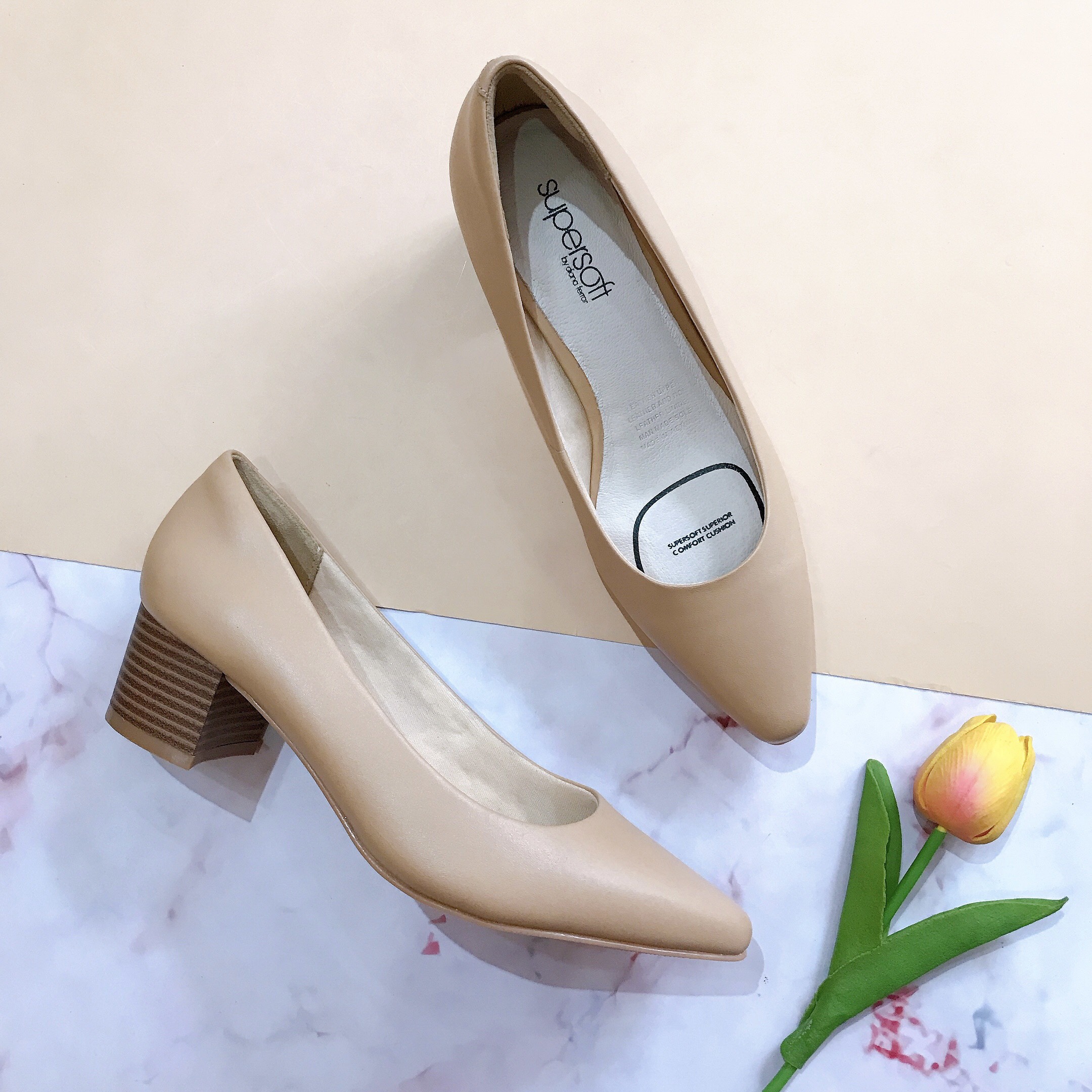 Giày cao gót công sở gót vuông 5cm mũi nhọn Supersoft xuất Úc da thật toàn bộ siêu mềm lót mút êm