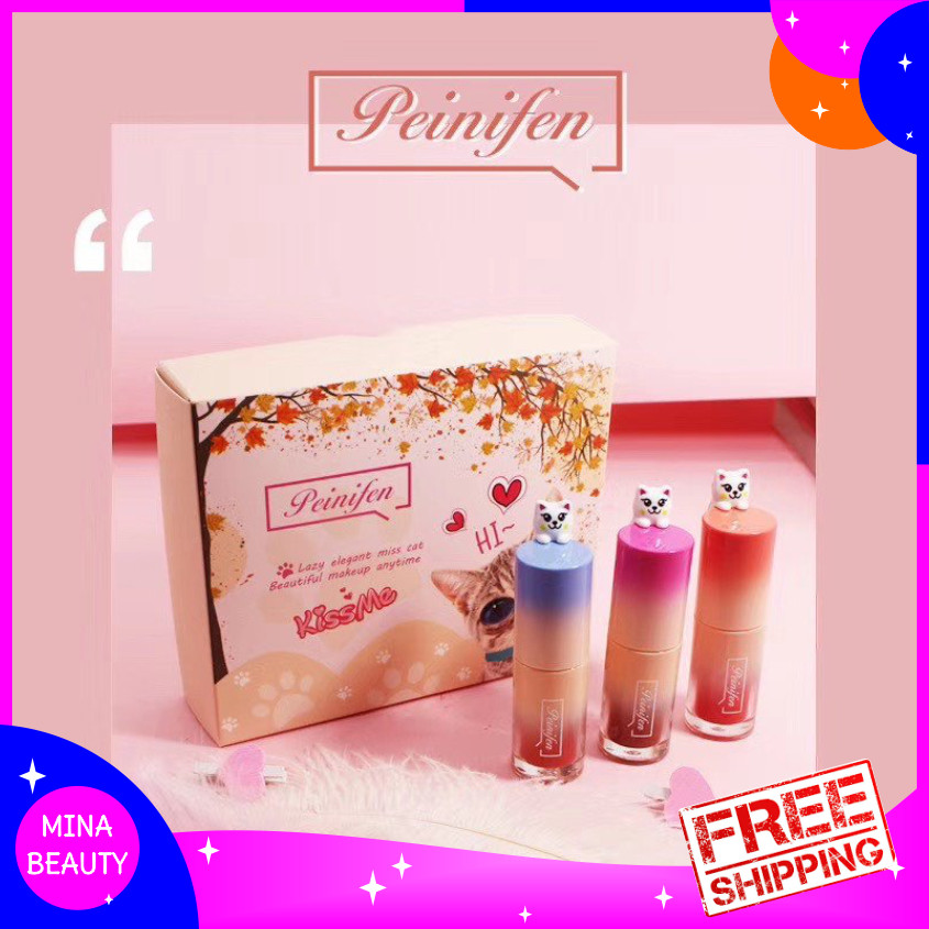 [HCM]Set son kem Peinifen Kiss Me đầu mèo - MINABEAUTY SHOP - Set 3 cây son kem hình đầu mèo ngộ nghĩnh chất son mềm mịn bám lâu