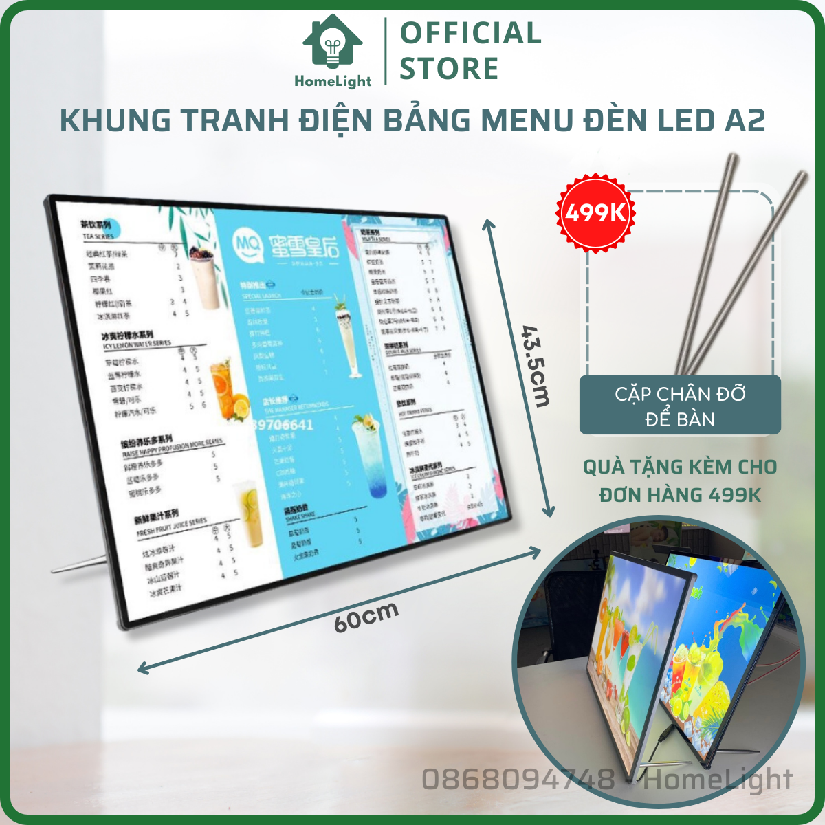 Bảng hộp đèn led menu a2, khung tranh điện để bàn, treo tường, hộp đèn quảng cáo
