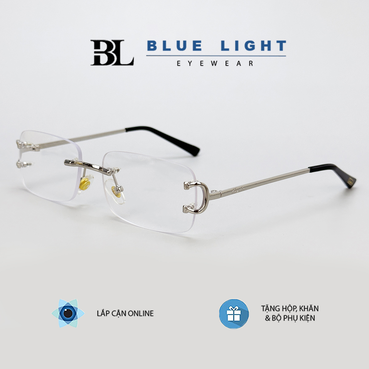  BLUE LIGHT - Gọng Kính Cận Kính Giả Cận Mắt Khoan Chữ Nhật Nhỏ Không Viền Gọng Kim Loại Bạc Vàng 