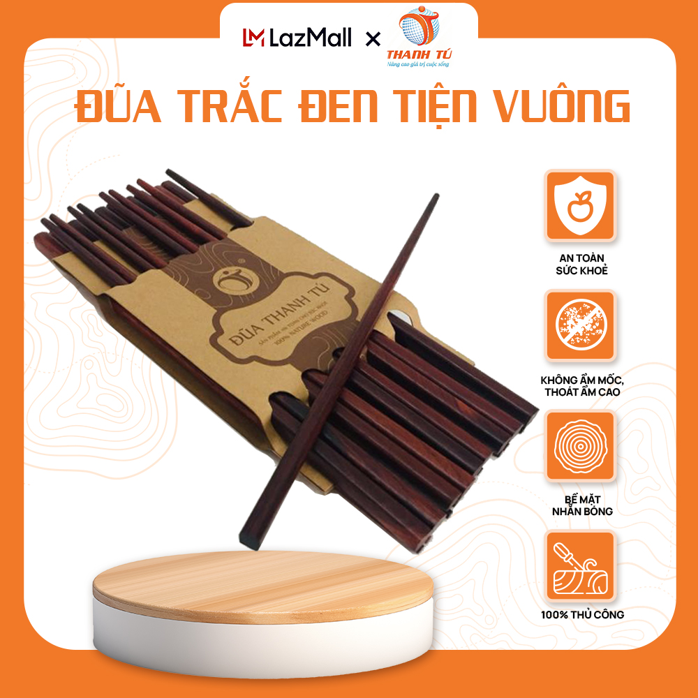 10 đôi đũa gỗ trắc đen tiện vuông thanh tú - đũa ăn cao cấp an toàn sức khỏe