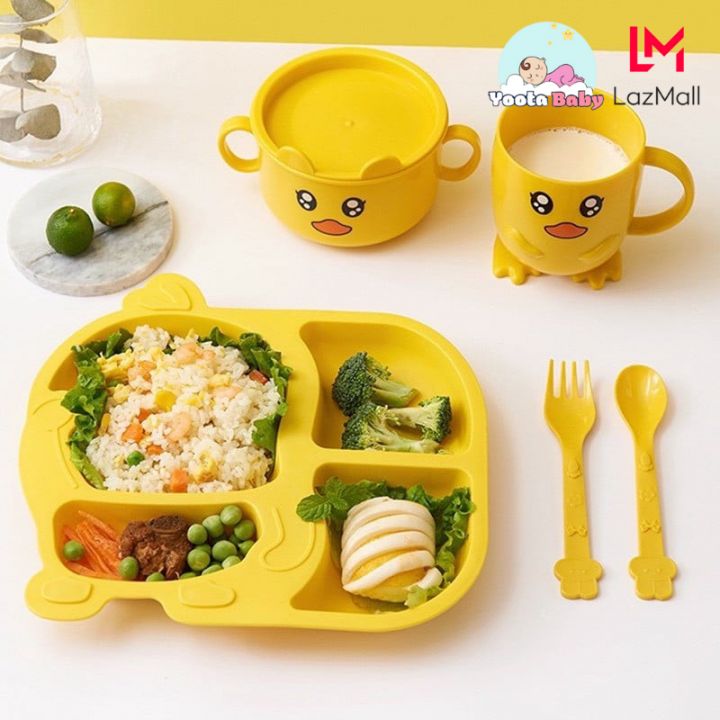 Bộ Khay Ăn Dặm Cho Bé Vịt Vàng 5 món, Khay ăn dặm cho bé ngộ nghĩnh đáng yêu