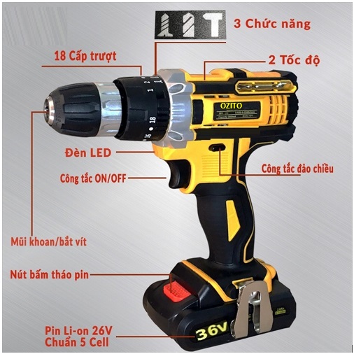 Máy khoan bê tông, máy khoan pin bê tông búa, máy khoan pin ozito 36v tặng mũi khoan - 1 pin máy khoan pin, máy bắn vít, máy khoan cầm tay