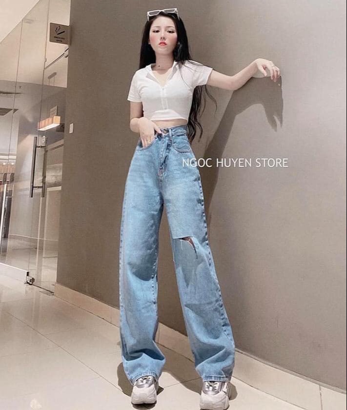 Quần jeans nữ ống rông rách gối B641 dáng dài hàng cao cấp