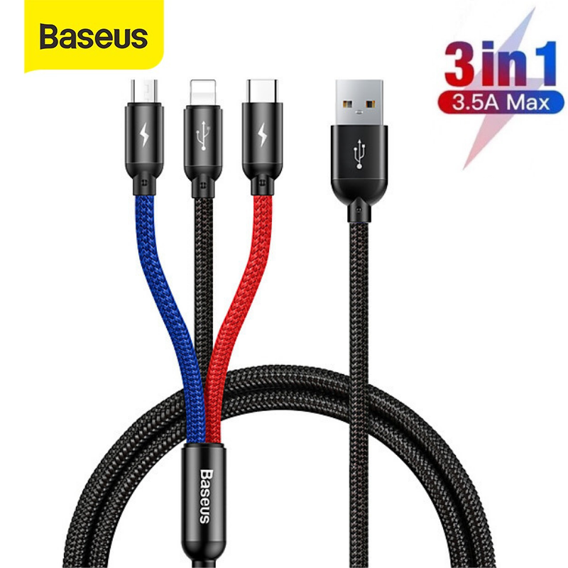 Dây sạc 3 đầu đa năng 3 trong 1 baseus 3.5A - cáp sạc 3 in 1 lightning type c micro usb cho samsung iphone xiaomi ...
