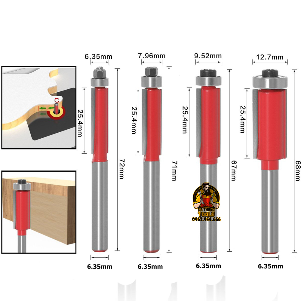Mũi Phay Gỗ Thẳng Đầu Bi 1/4 - 1/2 inch Cốt 1/4 inch