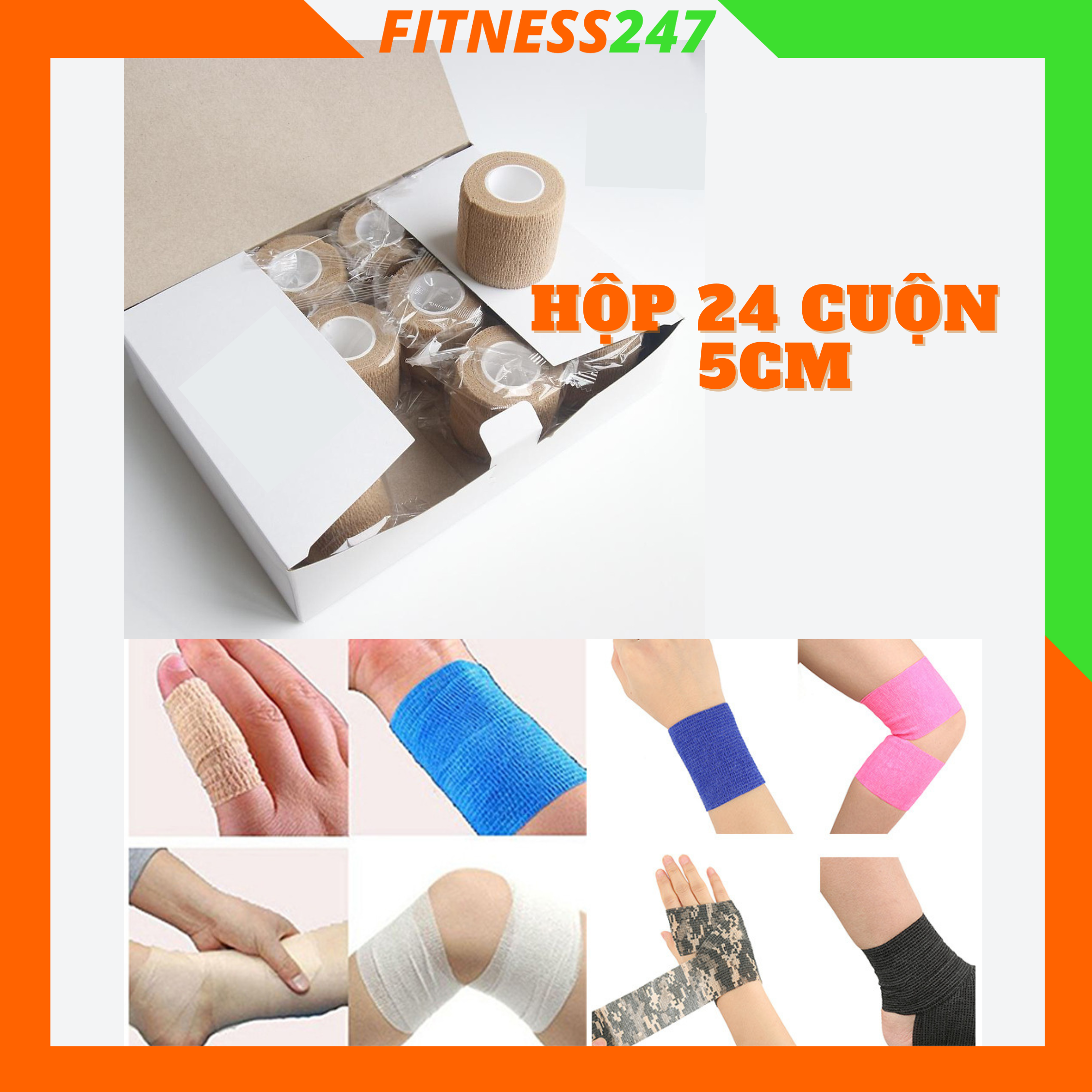 Hộp băng keo thể thao ,hộp 24 cuộn băng cuốn thể thao loại 5cm bảo vệ mắt cá chân, tay, đầu gối, băng dán chống căng cơ dãn cơ