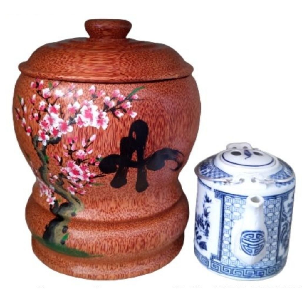 Bình trà gỗ dừa vẽ hoa văn lồng chữ an và bình trà 700 - 950ml