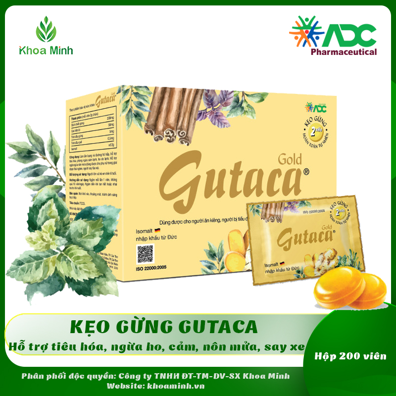 Kẹo gừng gutaca gold 200 viên - hỗ trợ tiêu hóa, ngừa nôn mửa, ngừa cảm, ho do lạnh.
