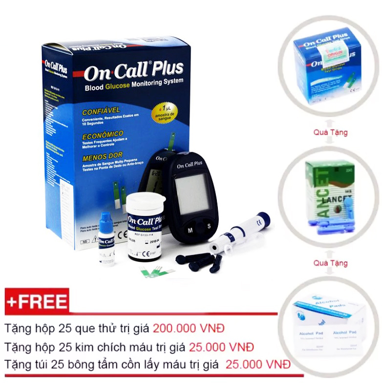 Máy đo đường huyết Acon On call Plus + Tặng ngay hộp que thử 25 test + Hộp 25 kim lấy máu + Tặng túi 25 bông tẩm cồn lấy máu