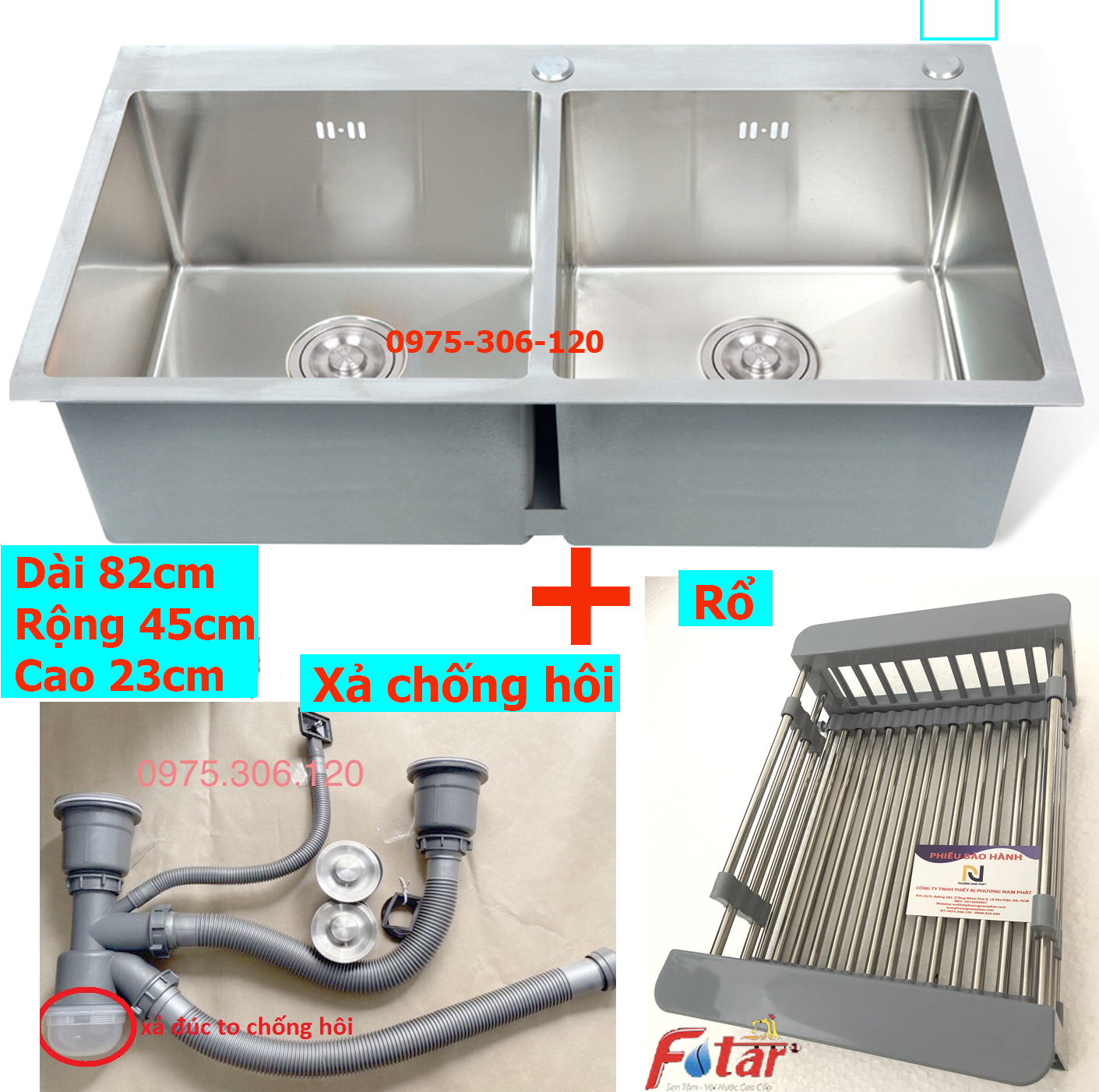 ĐÚC DÀY Chậu Rửa Chén Bát INOX SUS 304 N5 8245 NA.GRAND và Rổ Đa Năng và Bộ Xả Chậu bồn rửa chén inox