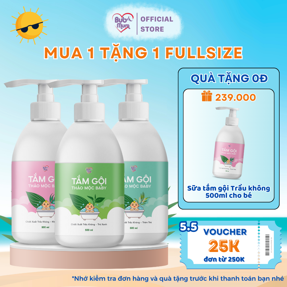 Sữa Tắm Gội Cho Bé Sơ Sinh BuB&MuM Chiết Xuất Thảo Dược Thiên Nhiên Trầu Không 500ml
