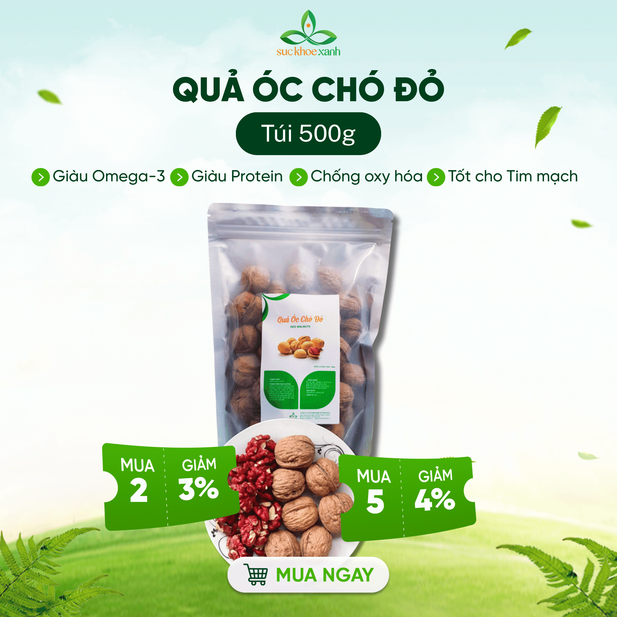 American Red Walnuts 500g Green Health – Natural Nutritious Seeds, Rich in Omega 3 - Supports Sleep & Health