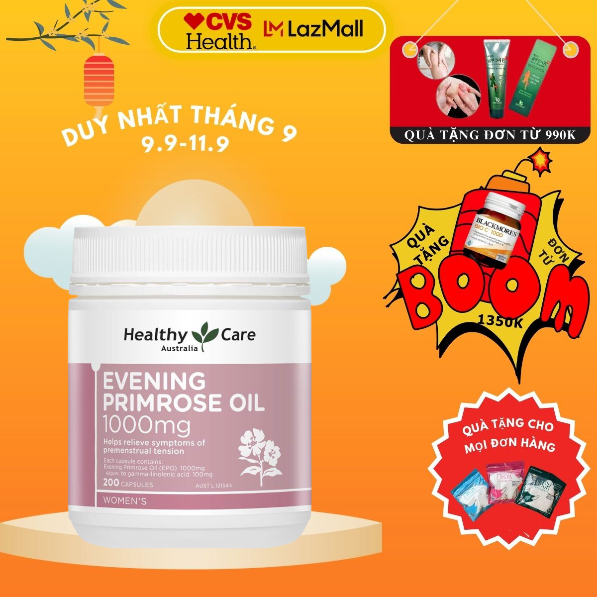 Tinh dầu hoa anh thảo Healthy Care Evening Primrose Oil 1000mg 200 viên