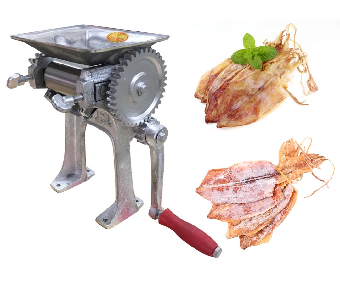 Xưởng sản xuất máy cán mực khô lõi cán 8 cm bằng inox chuyên dùng để cán làm mềm khô mực, mực khô, mực nướng, cá khô nướng, cán mềm, mỏng mực nướng, cá nướng, các loại thịt khô, cán chân nấm hương giá rẻ.