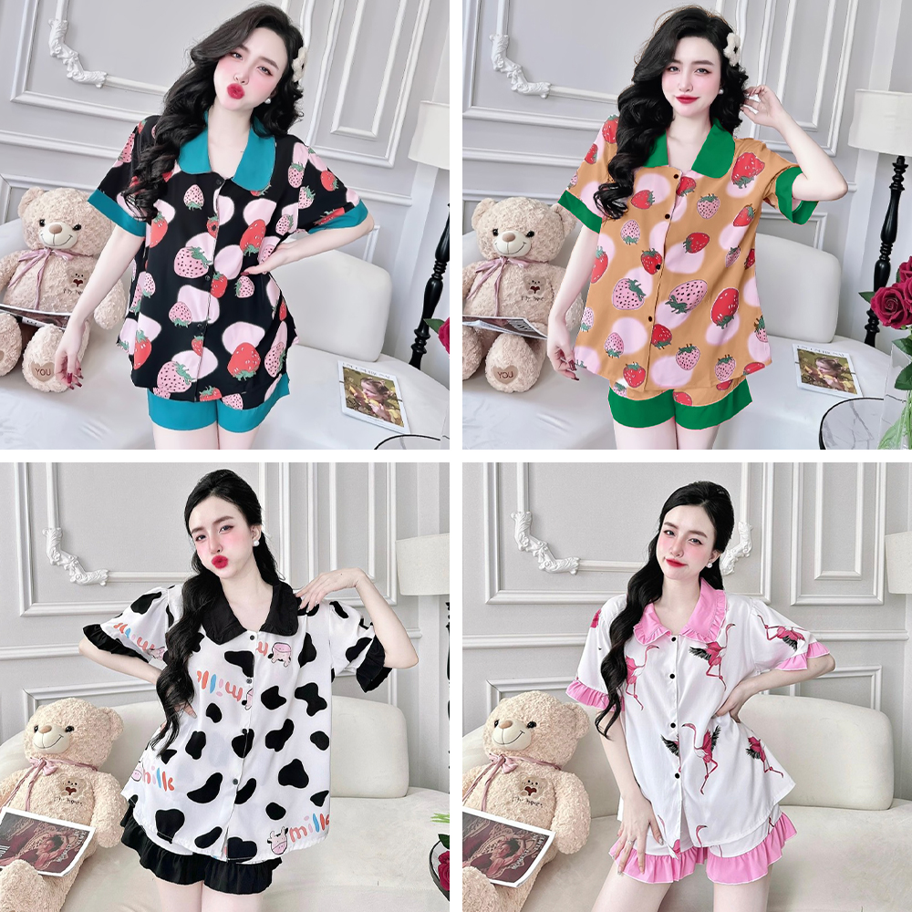 (Big size 50-100kg) Cute Patterned Home Wear Set with Shorts, Made from Soft and Smooth Japanese Silk for Plus-Size Ladies